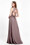 Jewel Neck Chiffon Bridesmaid Gowns Formal Evening Party Dresses A Line with Slit