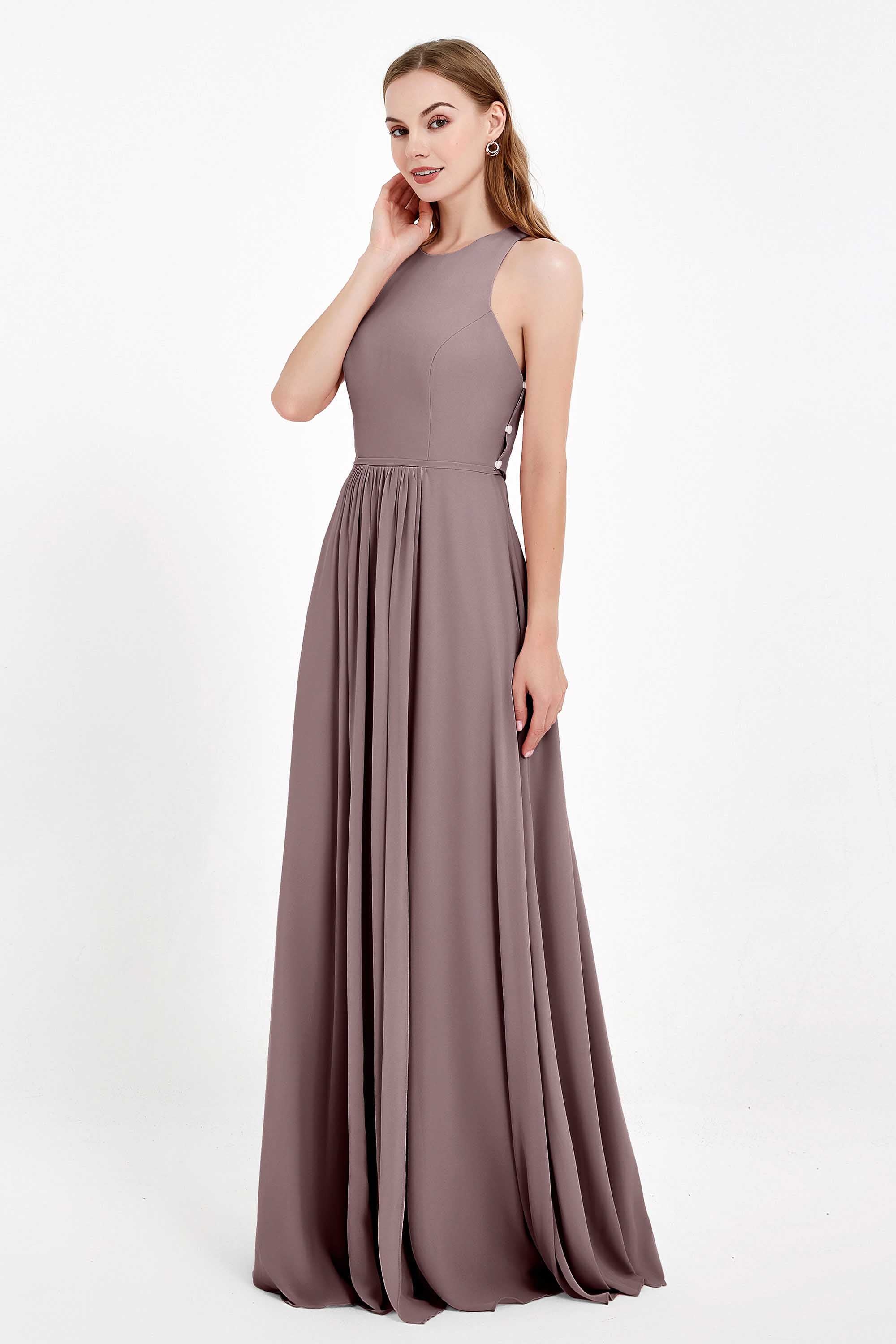Jewel Neck Chiffon Bridesmaid Gowns Formal Evening Party Dresses A Line with Slit