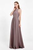 Jewel Neck Chiffon Bridesmaid Gowns Formal Evening Party Dresses A Line with Slit