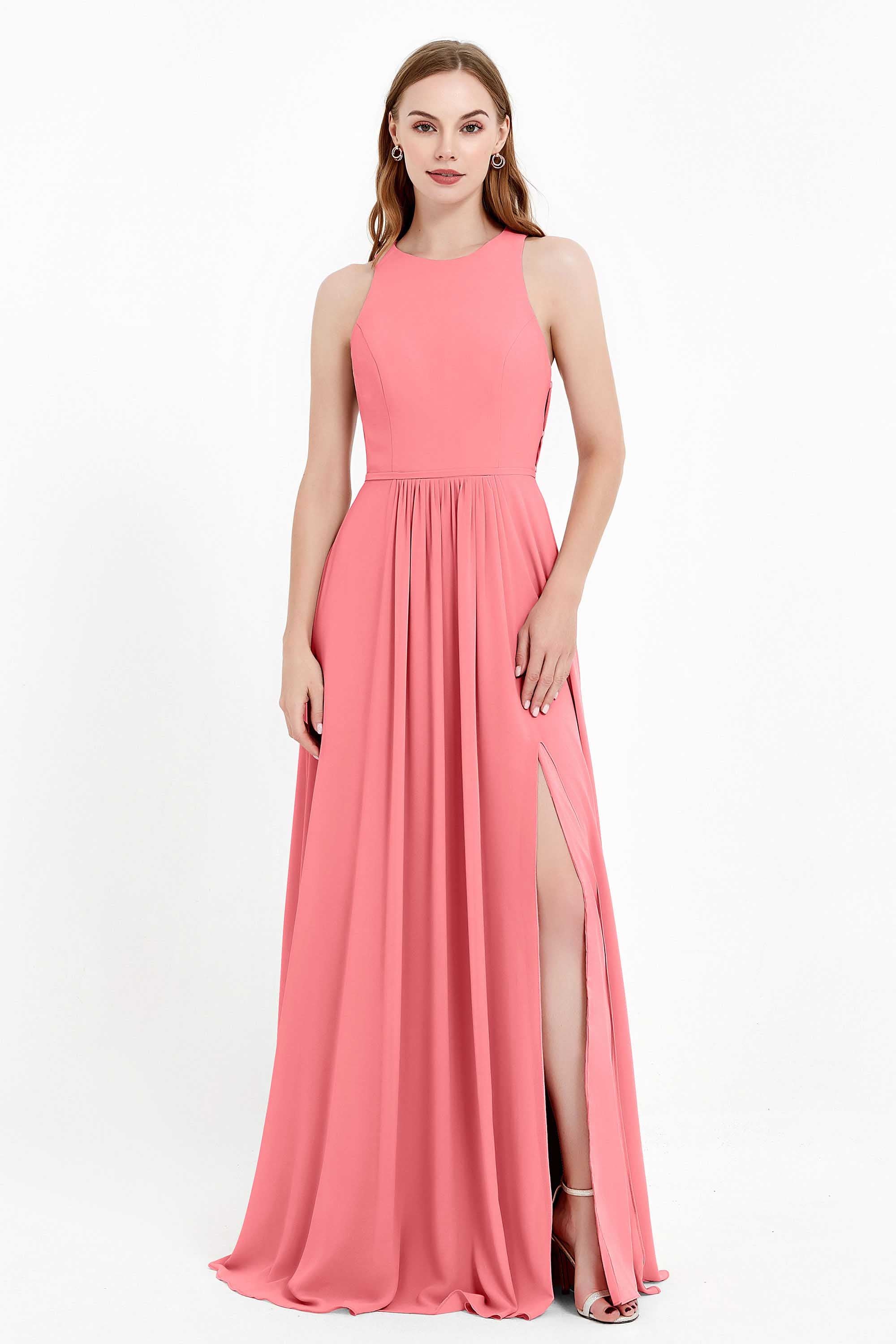 Jewel Neck Chiffon Bridesmaid Gowns Formal Evening Party Dresses A Line with Slit