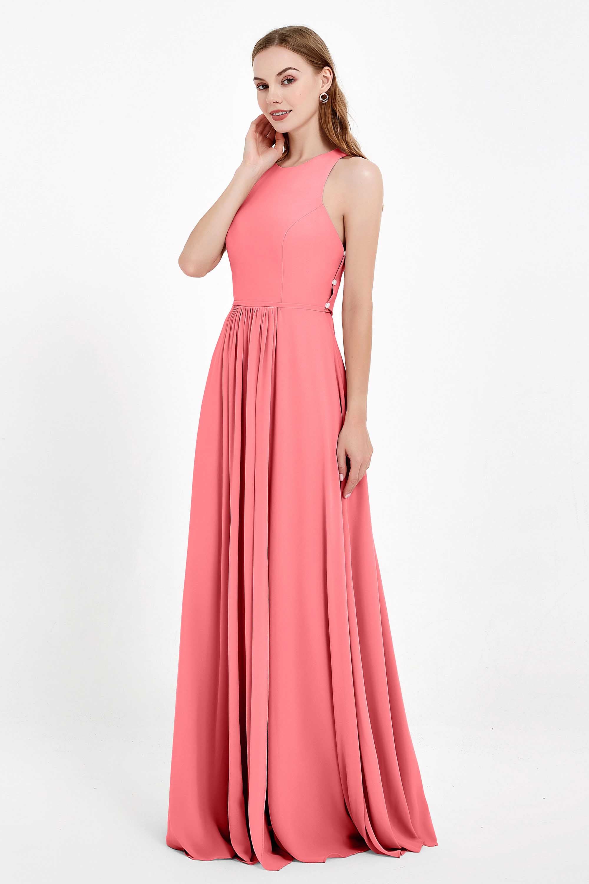 Jewel Neck Chiffon Bridesmaid Gowns Formal Evening Party Dresses A Line with Slit