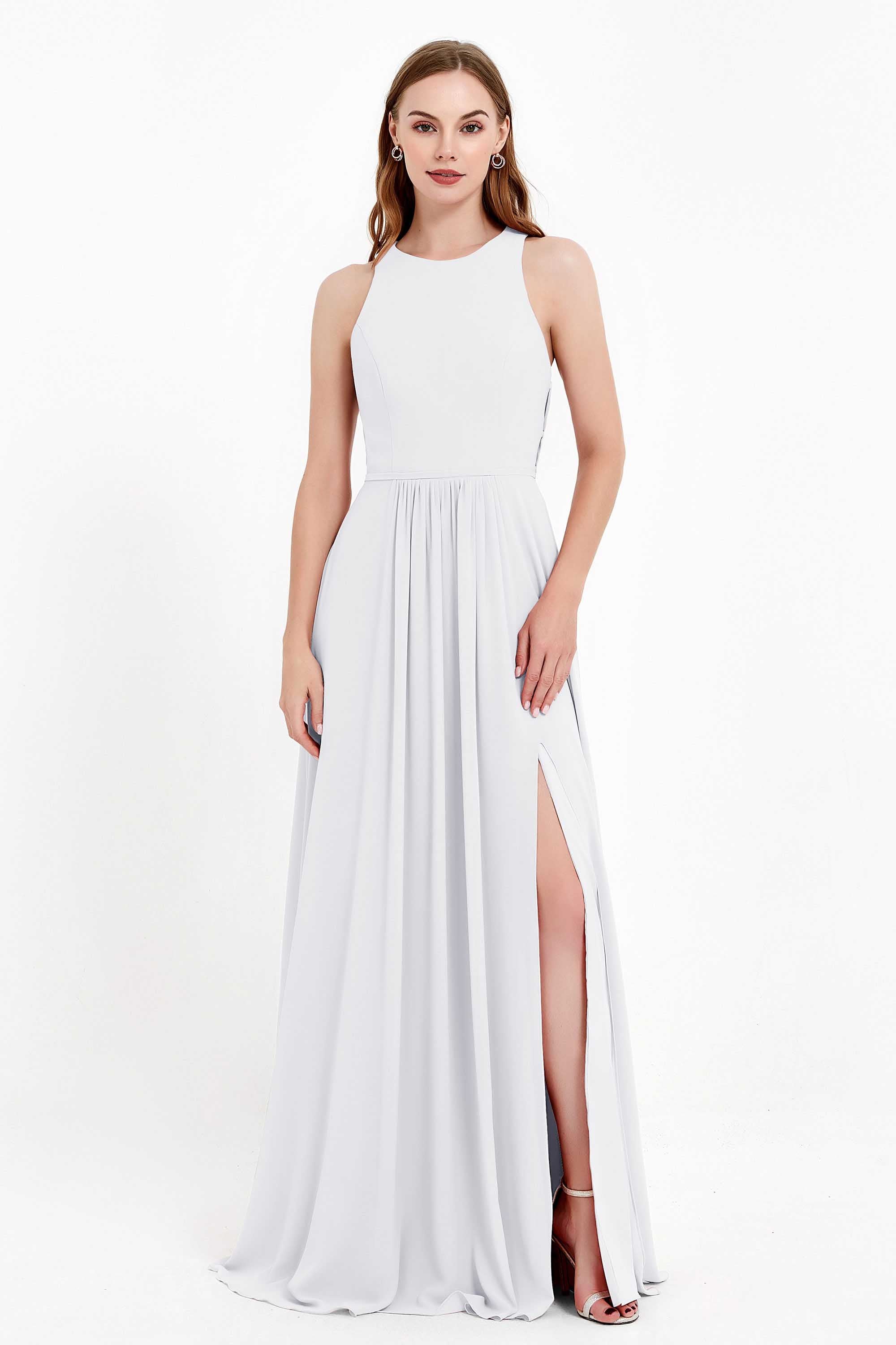 Jewel Neck Chiffon Bridesmaid Gowns Formal Evening Party Dresses A Line with Slit
