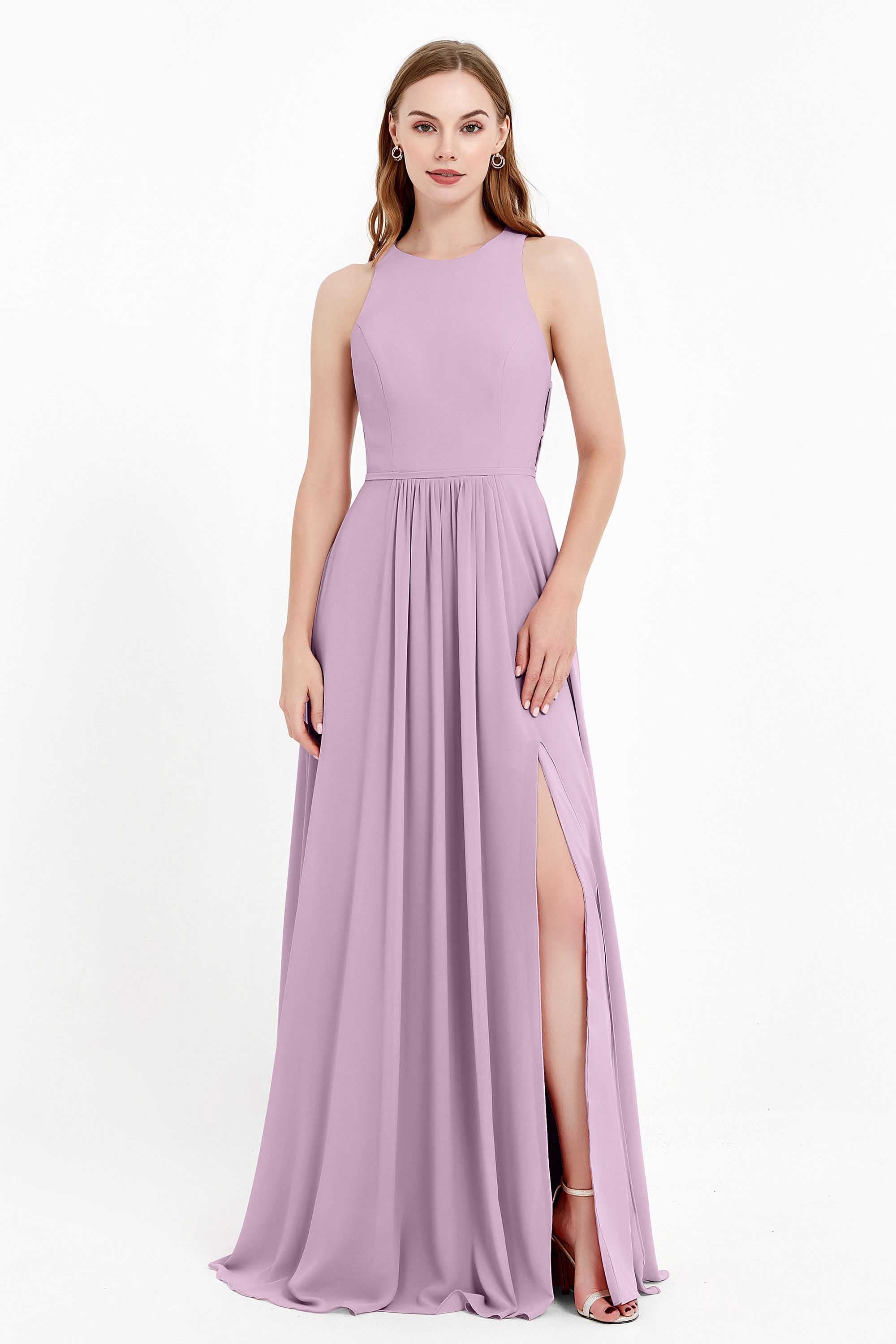 Jewel Neck Chiffon Bridesmaid Gowns Formal Evening Party Dresses A Line with Slit