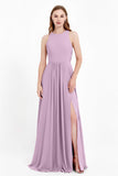 Jewel Neck Chiffon Bridesmaid Gowns Formal Evening Party Dresses A Line with Slit