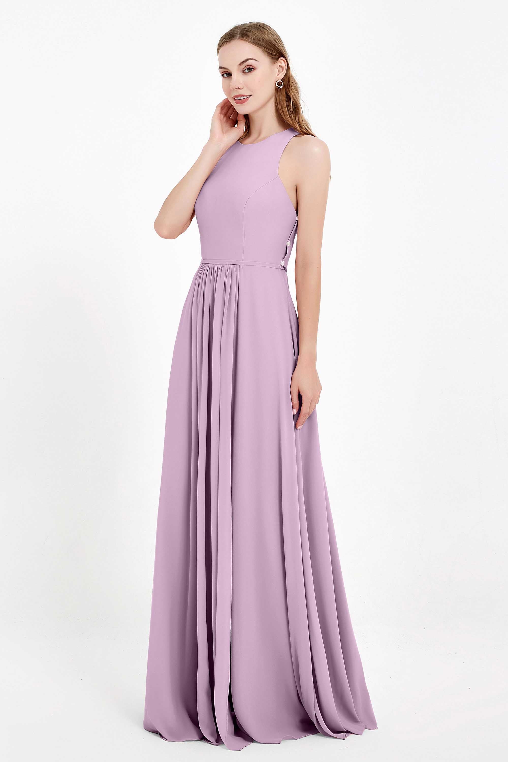 Jewel Neck Chiffon Bridesmaid Gowns Formal Evening Party Dresses A Line with Slit