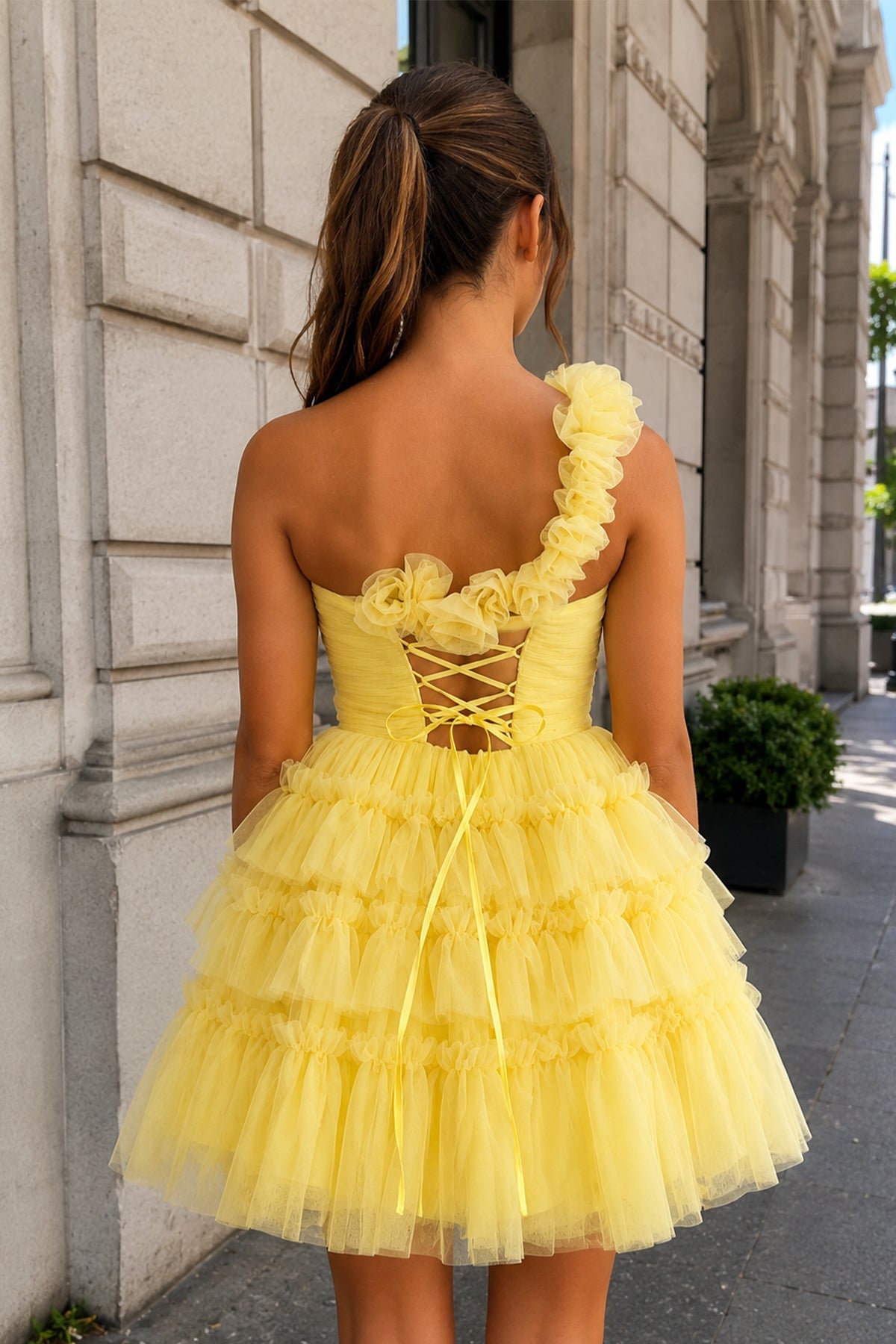 Princess Yellow One Shoulder Knotted Ruffle Short Party Dress