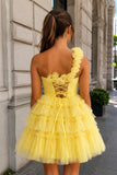 Princess Yellow One Shoulder Knotted Ruffle Short Party Dress
