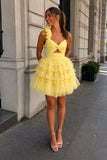 Princess Yellow One Shoulder Knotted Ruffle Short Party Dress