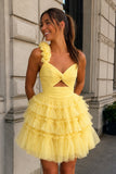 Princess Yellow One Shoulder Knotted Ruffle Short Party Dress
