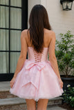 Pink Strapless Tulle A-Line Short Corset Homecoming Dress with Bow