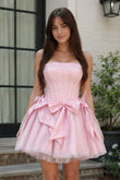 Pink Strapless Tulle A-Line Short Corset Homecoming Dress with Bow