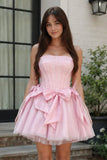 Pink Strapless Tulle A-Line Short Corset Homecoming Dress with Bow