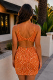 Orange Sequins V Neck Tight Mini Party Dresses