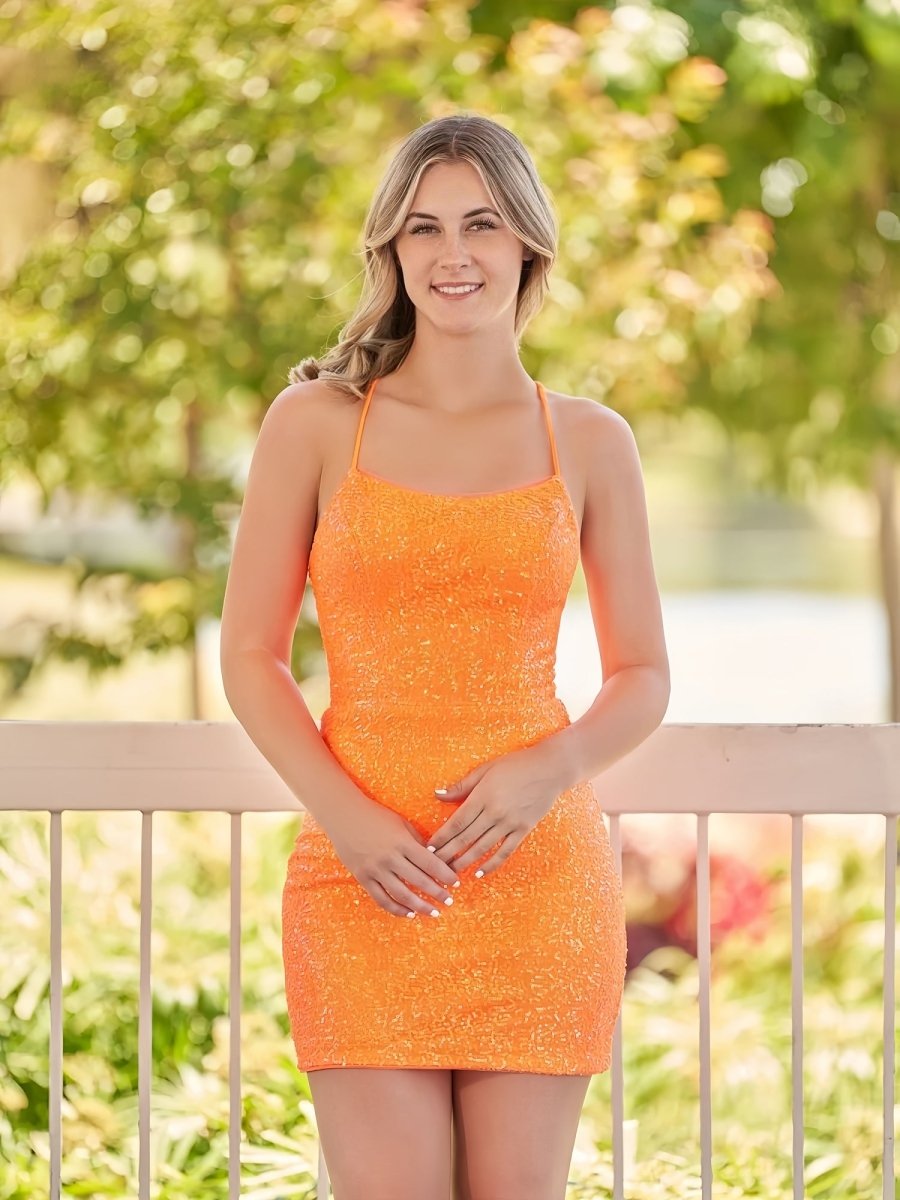 Bodycon Short Orange Scoop Neck Sequins Mini Party Dresses