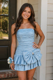 Sky Blue A Line Strapless Pleats Short Homecoming Dress with Bow
