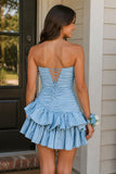 Sky Blue A Line Strapless Pleats Short Homecoming Dress with Bow