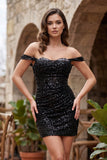 Black Sheath Black Beaded Glitter Mini Party Dresses