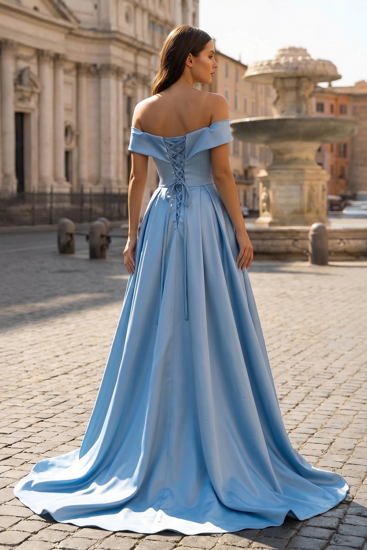 Off Shoulder Prom Dress Long Satin Formal Gowns with Slit
