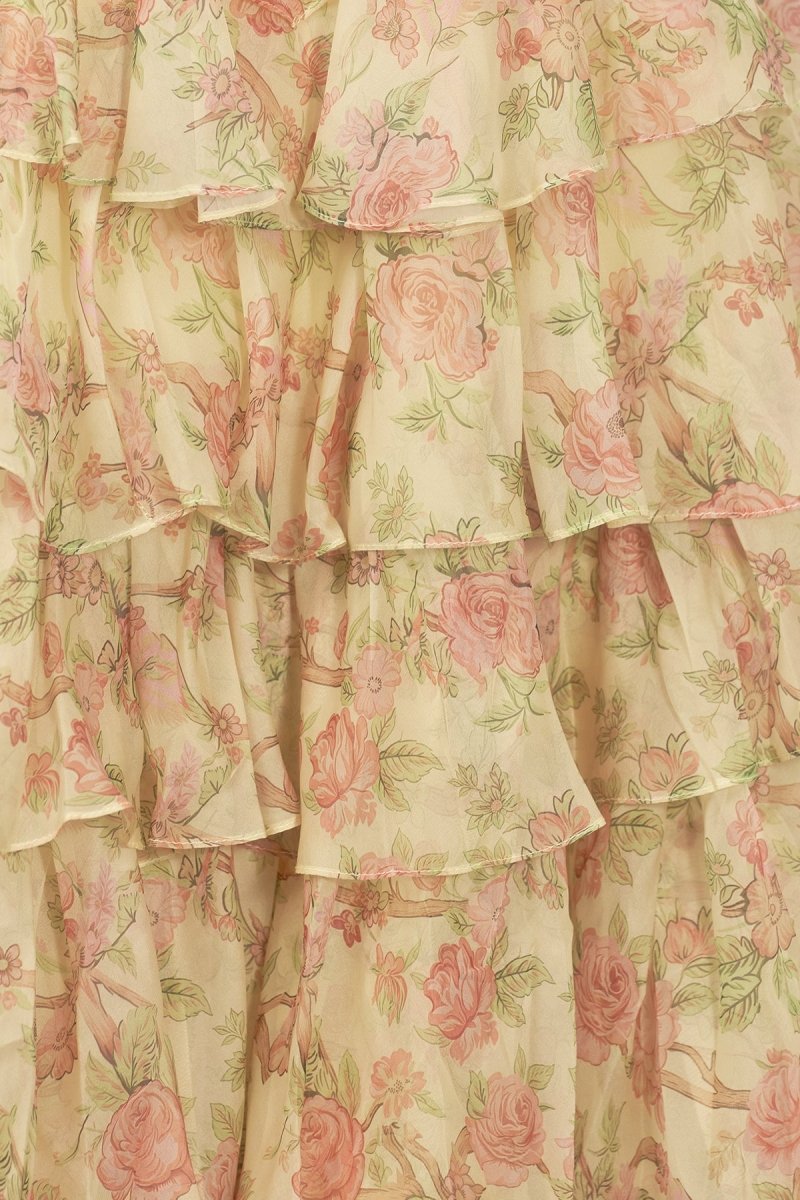 Yellow Strapless A Line Floral Chiffon Ruffled Prom Dresses With Beading