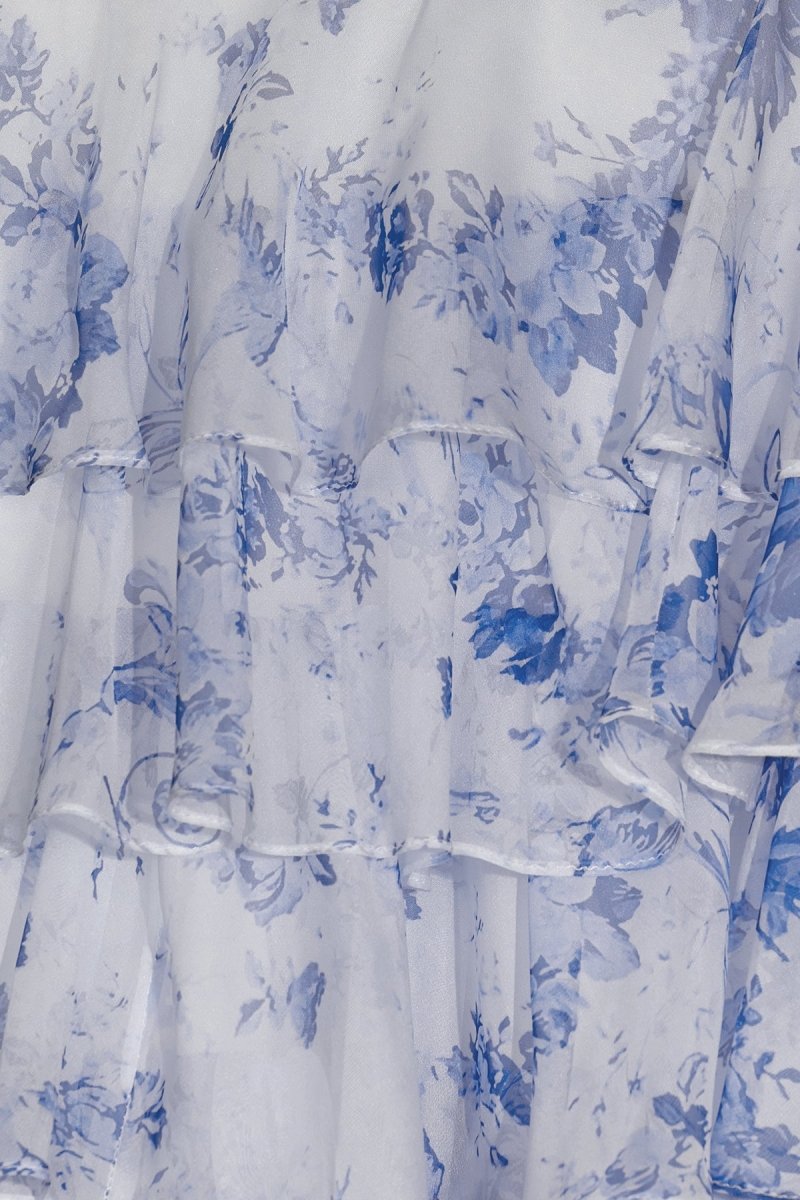 Blue Sweetheart A Line Floral Chiffon Ruffled Formal Prom Dresses With Appliques