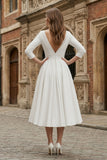 Vintage Sleeved A-Line V-neck Satin Tea Length Wedding Dress