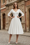 Vintage Sleeved A-Line V-neck Satin Tea Length Wedding Dress