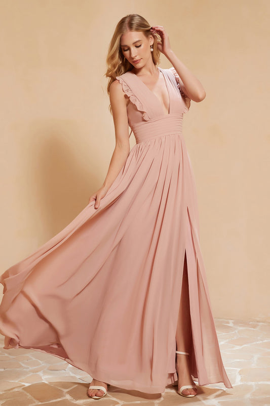 Plunging V Neck Chiffon Bridesmaid Dress Ruched Formal Evening Dresses with Slit