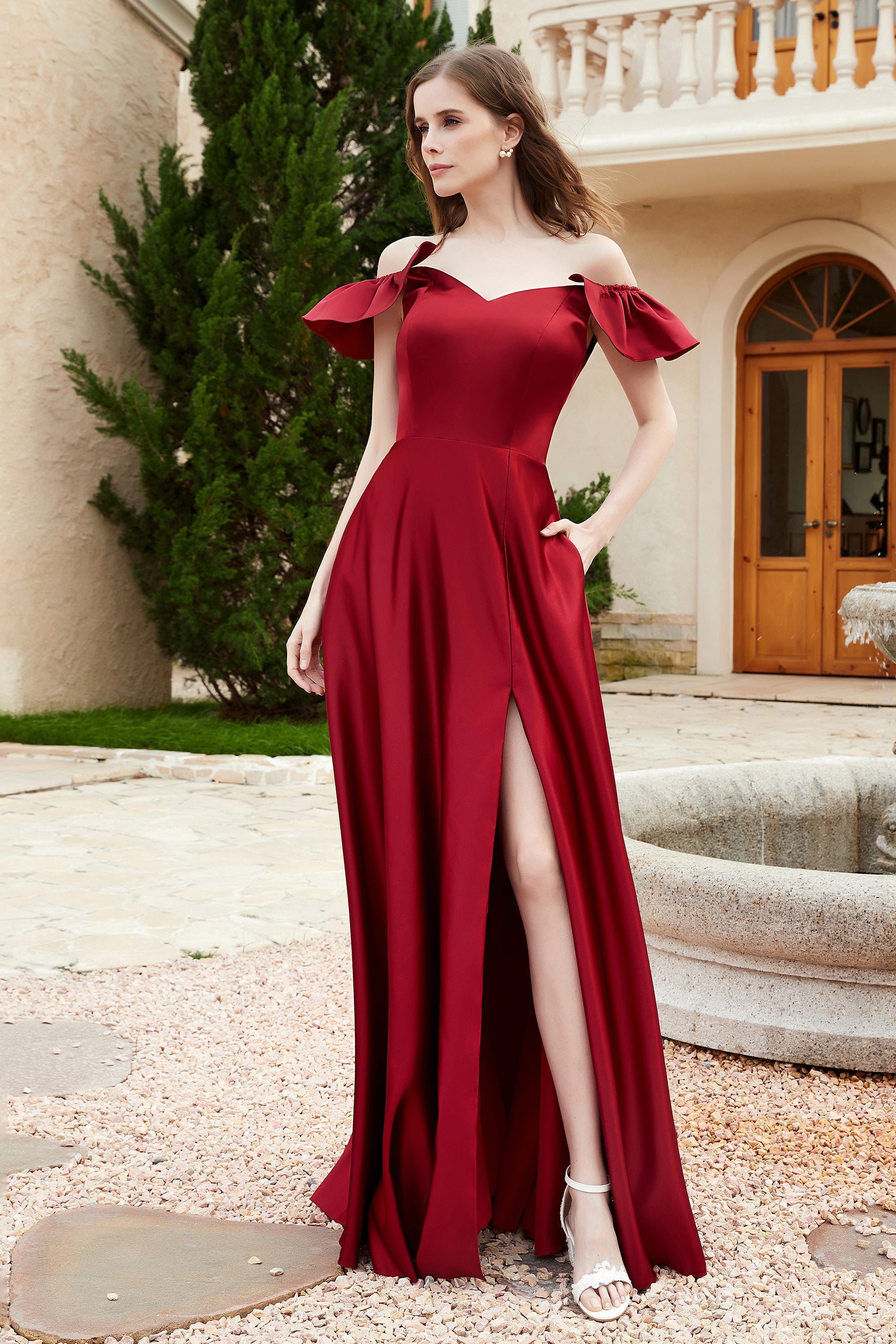 Off the Shoulder Satin Bridesmaid Dress with Pockets Formal Evening Prom Dresses with Slit