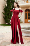 Off the Shoulder Satin Bridesmaid Dress with Pockets Formal Evening Prom Dresses with Slit