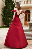 Off the Shoulder Satin Bridesmaid Dress with Pockets Formal Evening Prom Dresses with Slit