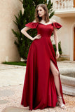 Off the Shoulder Satin Bridesmaid Dress with Pockets Formal Evening Prom Dresses with Slit