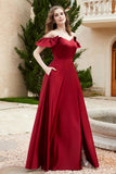 Off the Shoulder Satin Bridesmaid Dress with Pockets Formal Evening Prom Dresses with Slit