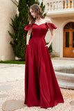 Off the Shoulder Satin Bridesmaid Dress with Pockets Formal Evening Prom Dresses with Slit