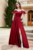 Off the Shoulder Satin Bridesmaid Dress with Pockets Formal Evening Prom Dresses with Slit