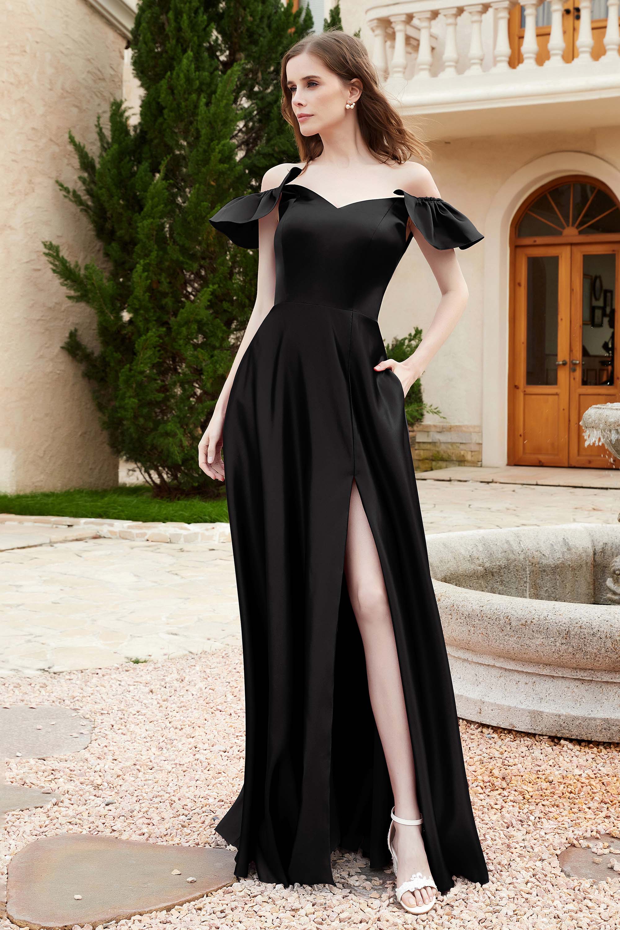 Off the Shoulder Satin Bridesmaid Dress with Pockets Formal Evening Prom Dresses with Slit