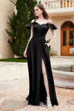 Off the Shoulder Satin Bridesmaid Dress with Pockets Formal Evening Prom Dresses with Slit