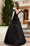 Off the Shoulder Satin Bridesmaid Dress with Pockets Formal Evening Prom Dresses with Slit