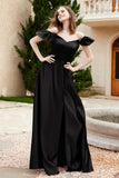 Off the Shoulder Satin Bridesmaid Dress with Pockets Formal Evening Prom Dresses with Slit