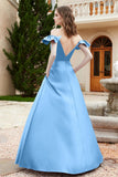 Off the Shoulder Satin Bridesmaid Dress with Pockets Formal Evening Prom Dresses with Slit