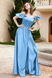Off the Shoulder Satin Bridesmaid Dress with Pockets Formal Evening Prom Dresses with Slit