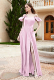 Off the Shoulder Satin Bridesmaid Dress with Pockets Formal Evening Prom Dresses with Slit