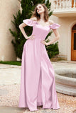 Off the Shoulder Satin Bridesmaid Dress with Pockets Formal Evening Prom Dresses with Slit