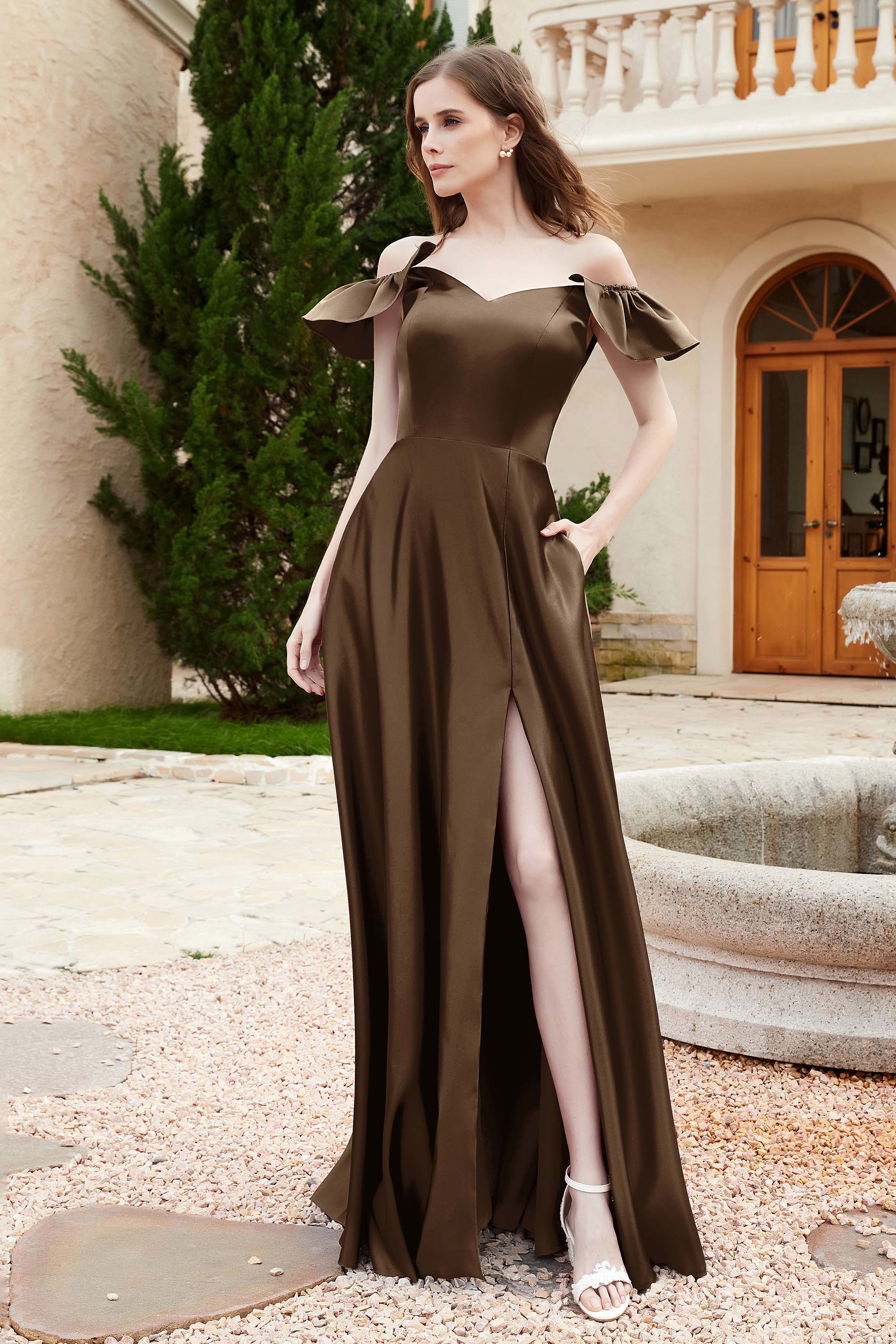 Off the Shoulder Satin Bridesmaid Dress with Pockets Formal Evening Prom Dresses with Slit