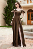 Off the Shoulder Satin Bridesmaid Dress with Pockets Formal Evening Prom Dresses with Slit