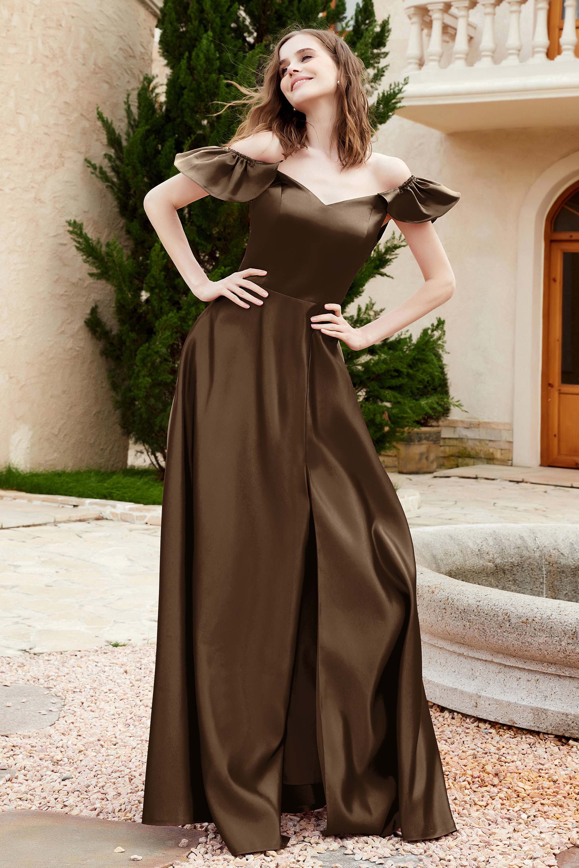 Off the Shoulder Satin Bridesmaid Dress with Pockets Formal Evening Prom Dresses with Slit