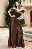 Off the Shoulder Satin Bridesmaid Dress with Pockets Formal Evening Prom Dresses with Slit