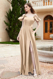 Off the Shoulder Satin Bridesmaid Dress with Pockets Formal Evening Prom Dresses with Slit