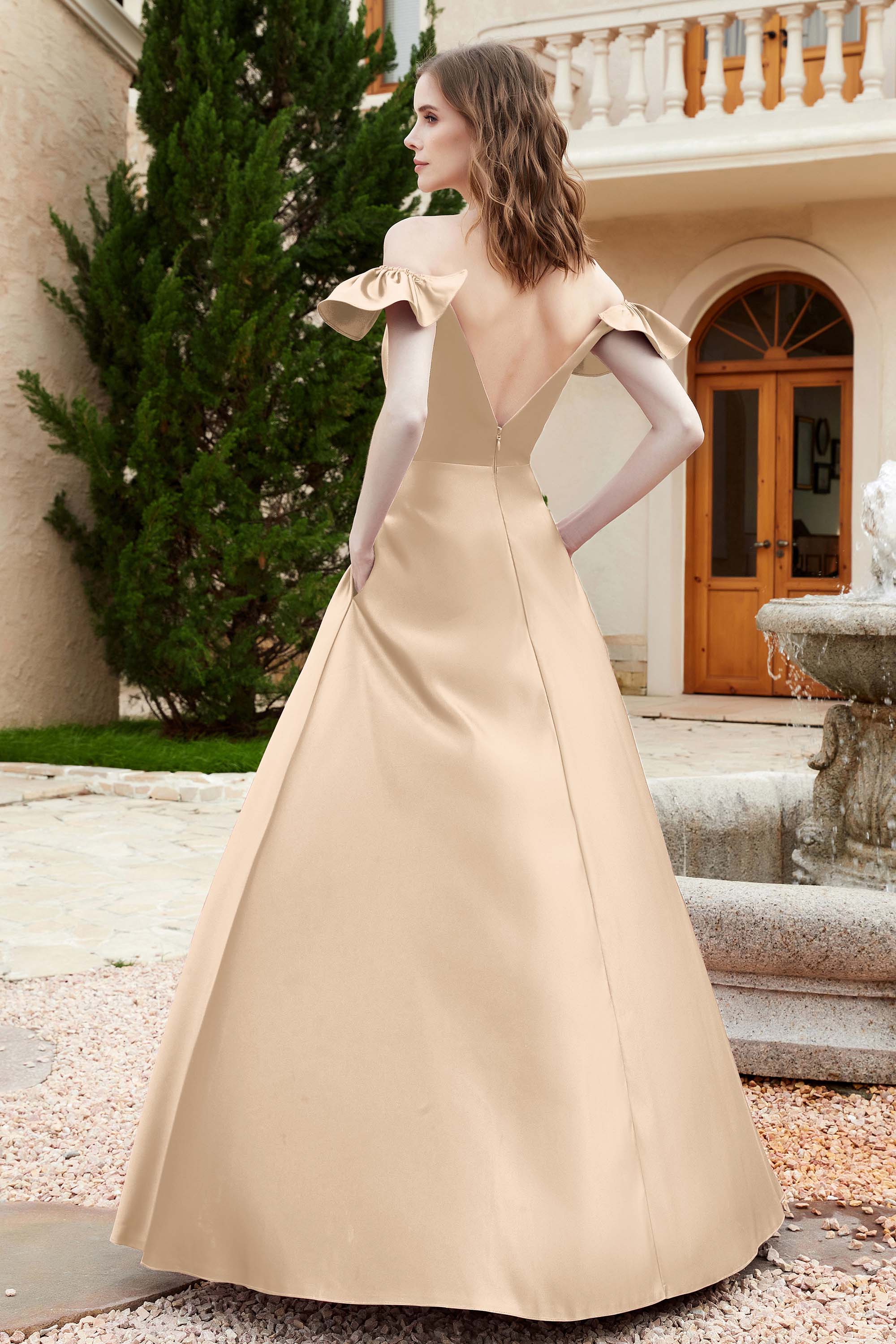 Off the Shoulder Satin Bridesmaid Dress with Pockets Formal Evening Prom Dresses with Slit