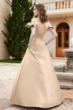 Off the Shoulder Satin Bridesmaid Dress with Pockets Formal Evening Prom Dresses with Slit