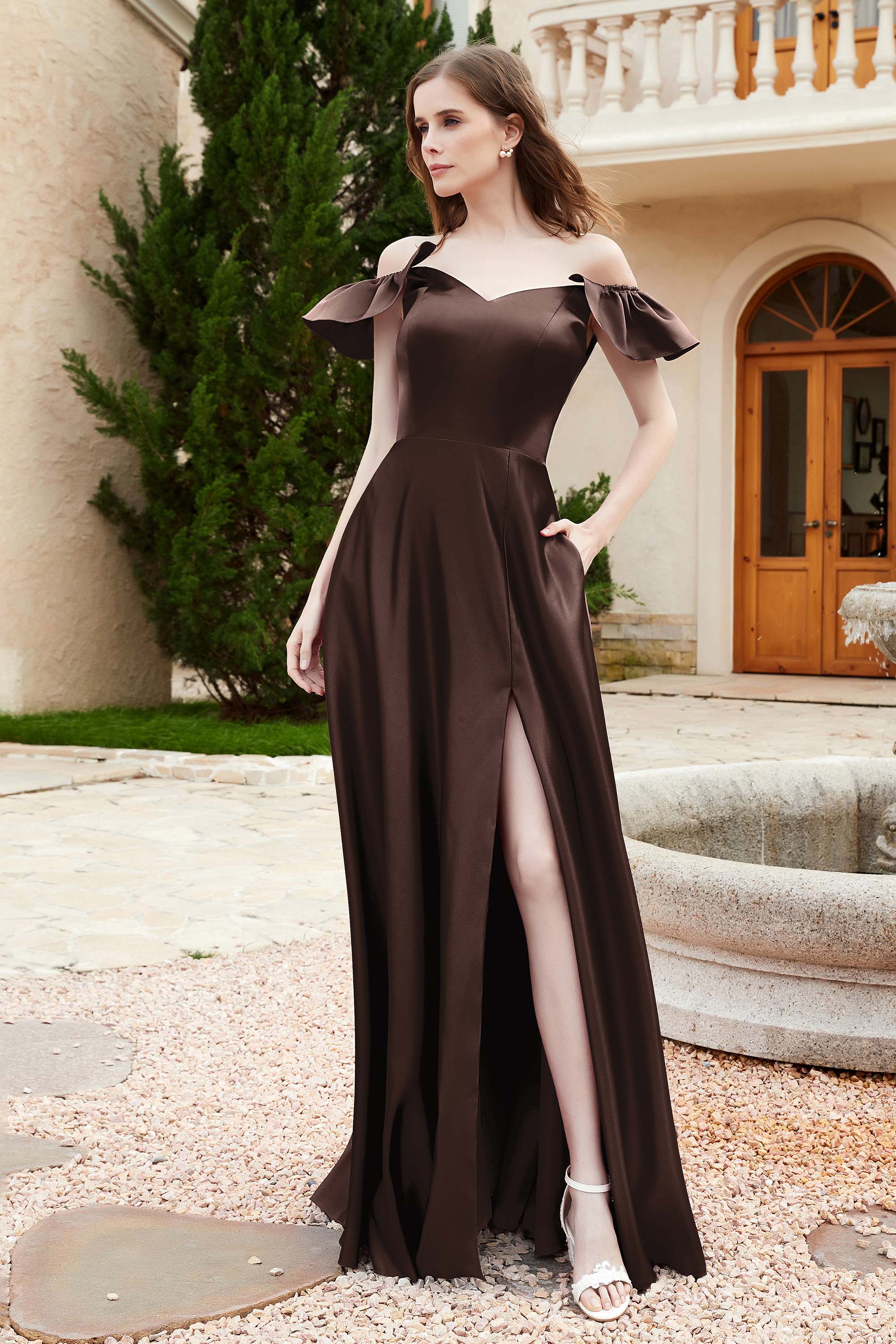 Off the Shoulder Satin Bridesmaid Dress with Pockets Formal Evening Prom Dresses with Slit